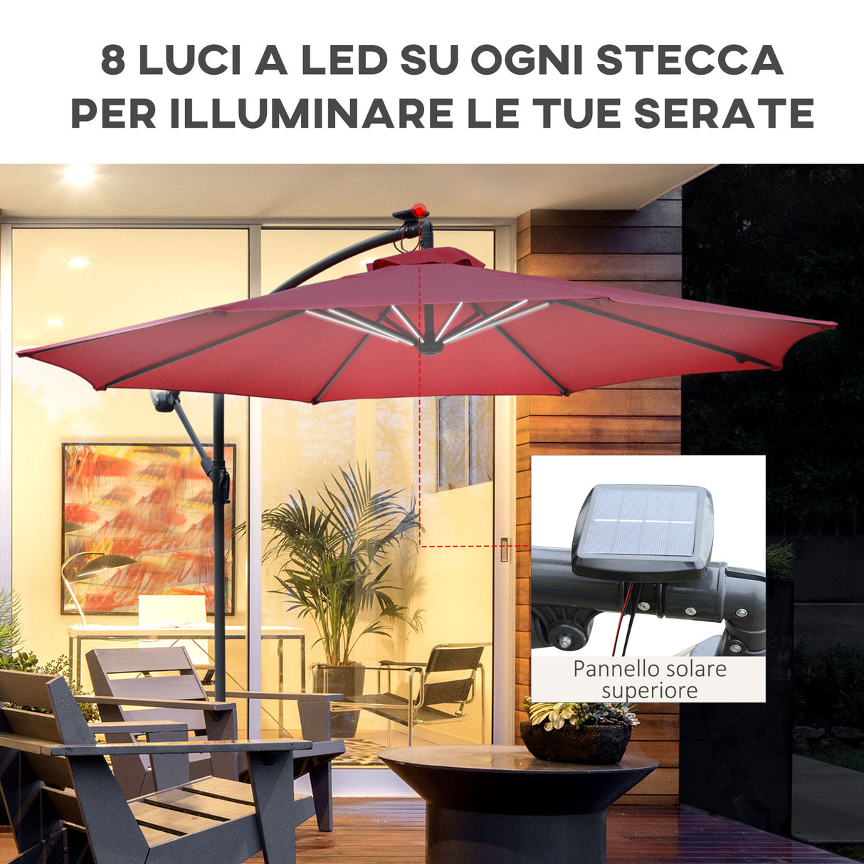 easycomfort easycomfort ombrellone da giardino a braccio 3x2 4 m con manovella e 8 strisce led a energia solare rosso scuro