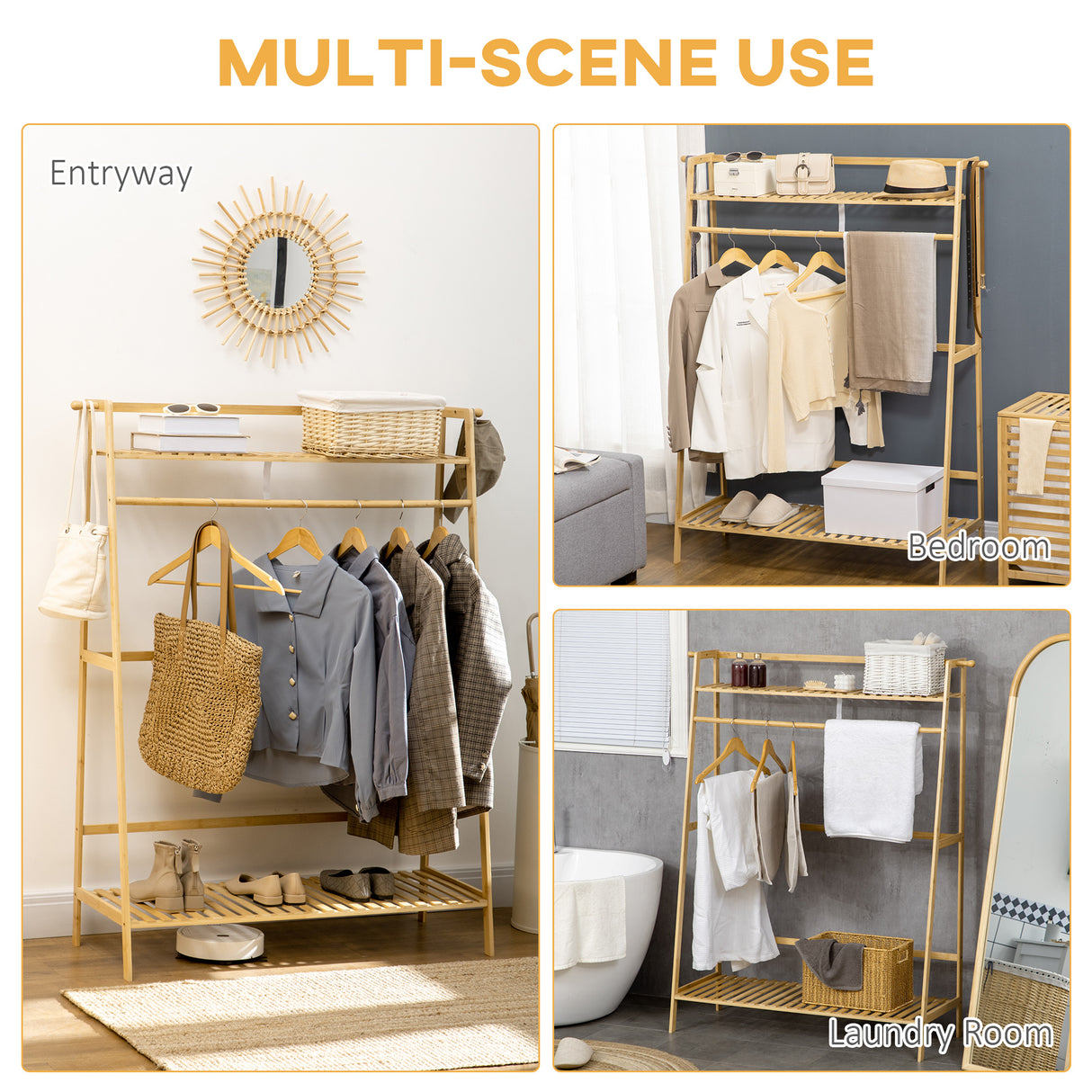 easycomfort easycomfort appendiabiti in bambu design rialzato a 2 livelli con barra e 2 ganci 114x40x139 cm