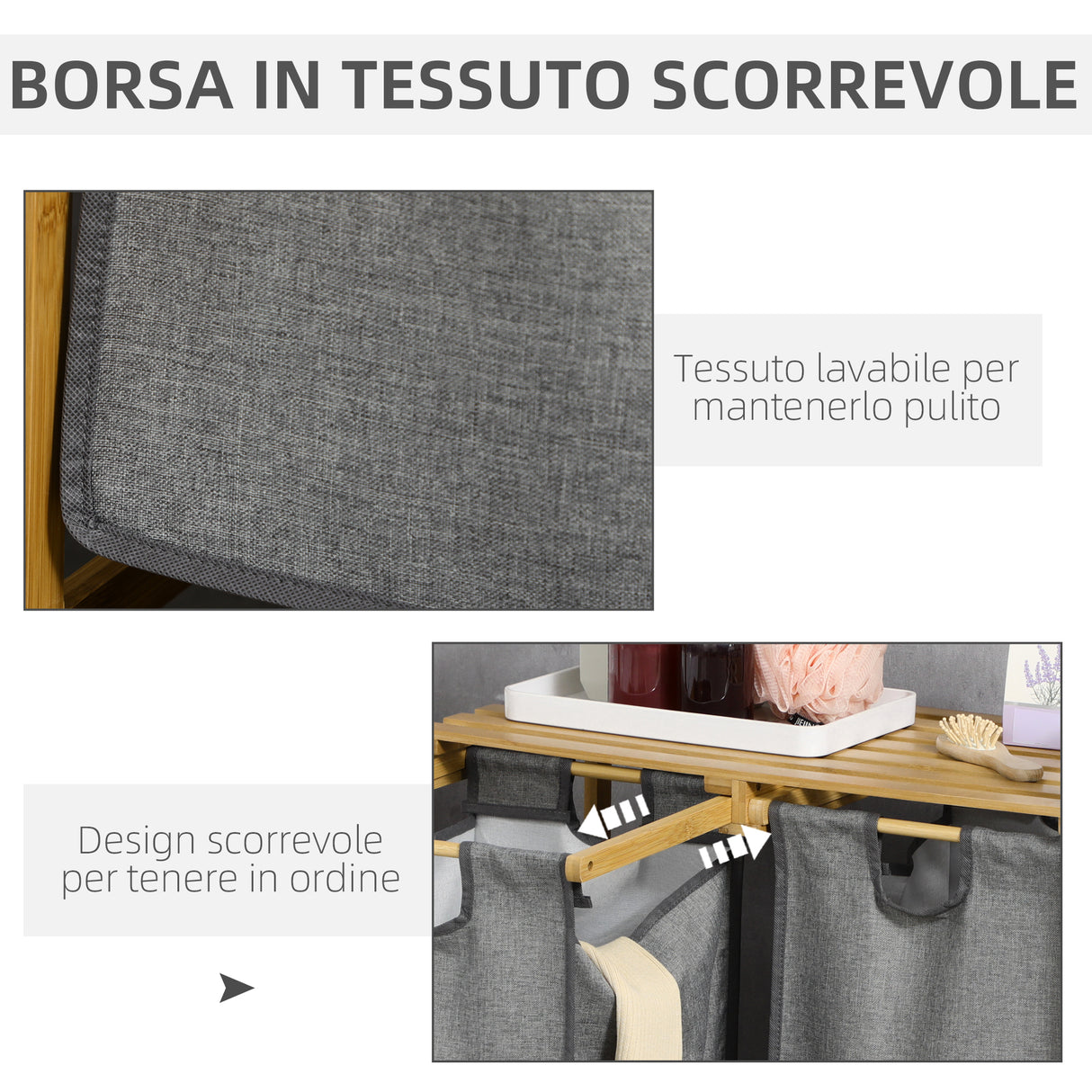 easycomfort easycomfort portabiancheria in legno di bambu con doppio cesto estraibile e ripiano a doghe 63 5x33x73cm grigio