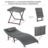 easycomfort lettini prendisole richiudibili con cuscini rimovibili e tavolino pieghevole set 3 pz in rattan grigio 33098