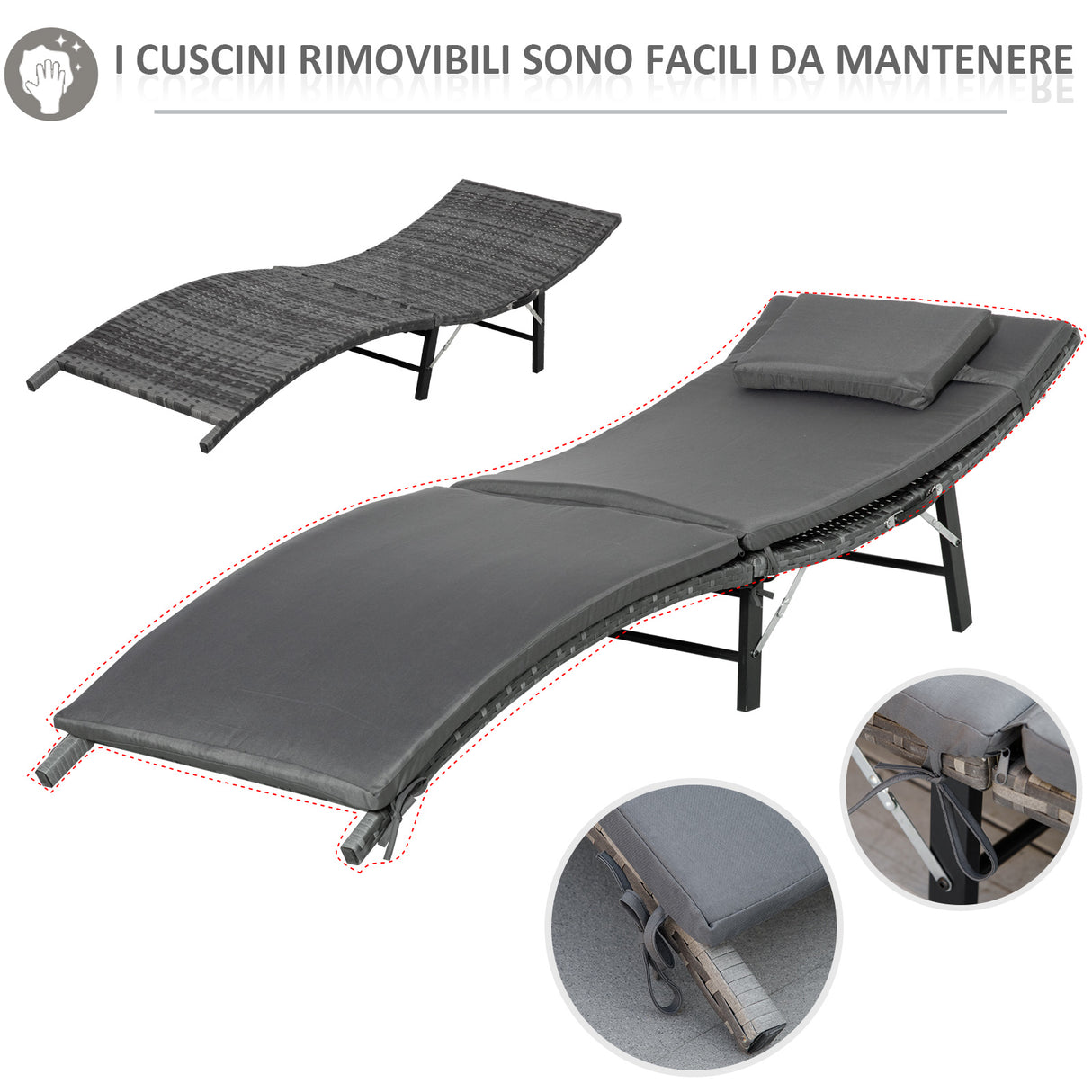 easycomfort lettini prendisole richiudibili con cuscini rimovibili e tavolino pieghevole set 3 pz in rattan grigio 33098