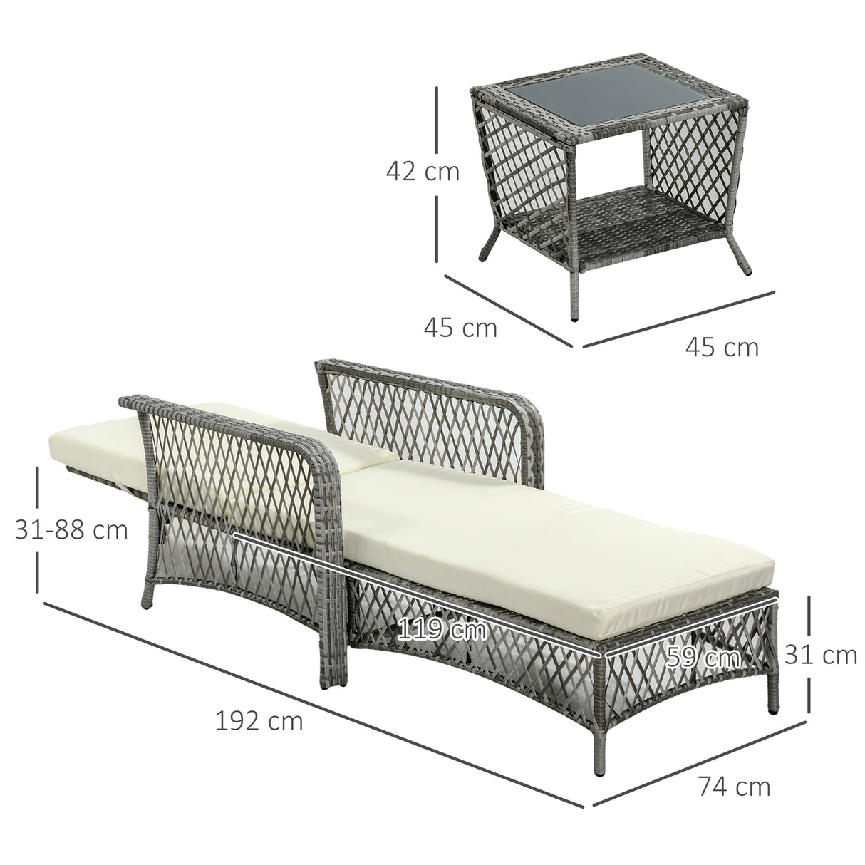 easycomfort mobili da giardino set in rattan con sdraio da giardino regolabile e tavolino a 2 livelli