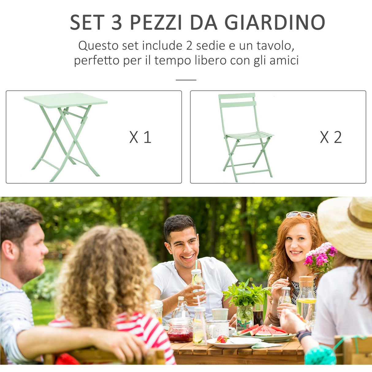 easycomfort easycomfort set tavolo e sedie da giardino ed esterno in metallo verde set da 3 pezzi pieghevole e salvaspazio