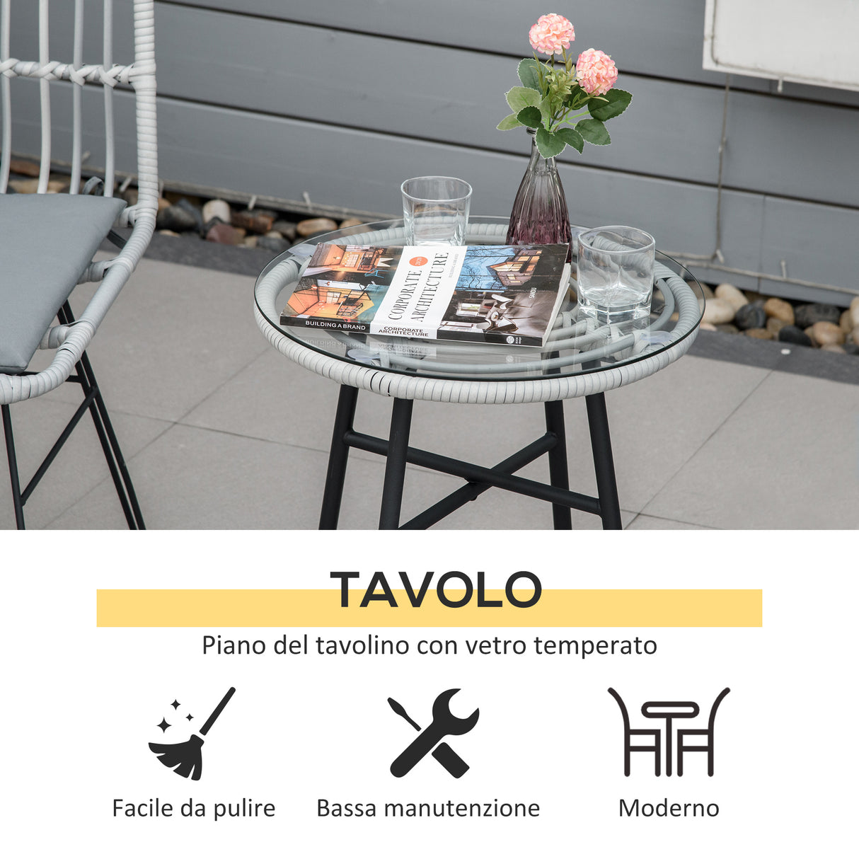 easycomfort set mobili da giardino 3 pezzi con tavolino e sedie in rattan pe poilestere e acciaio per esterni grigio