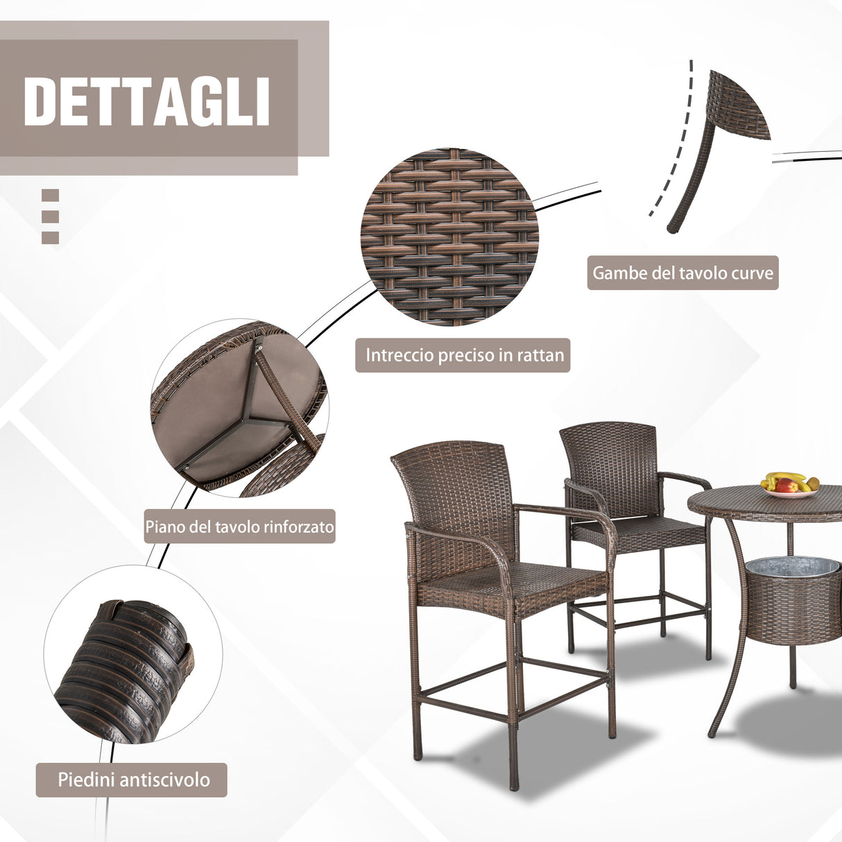 easycomfort easycomfort set 5 pezzi tavolino e 4 sedie alte in rattan sintetico e acciaio