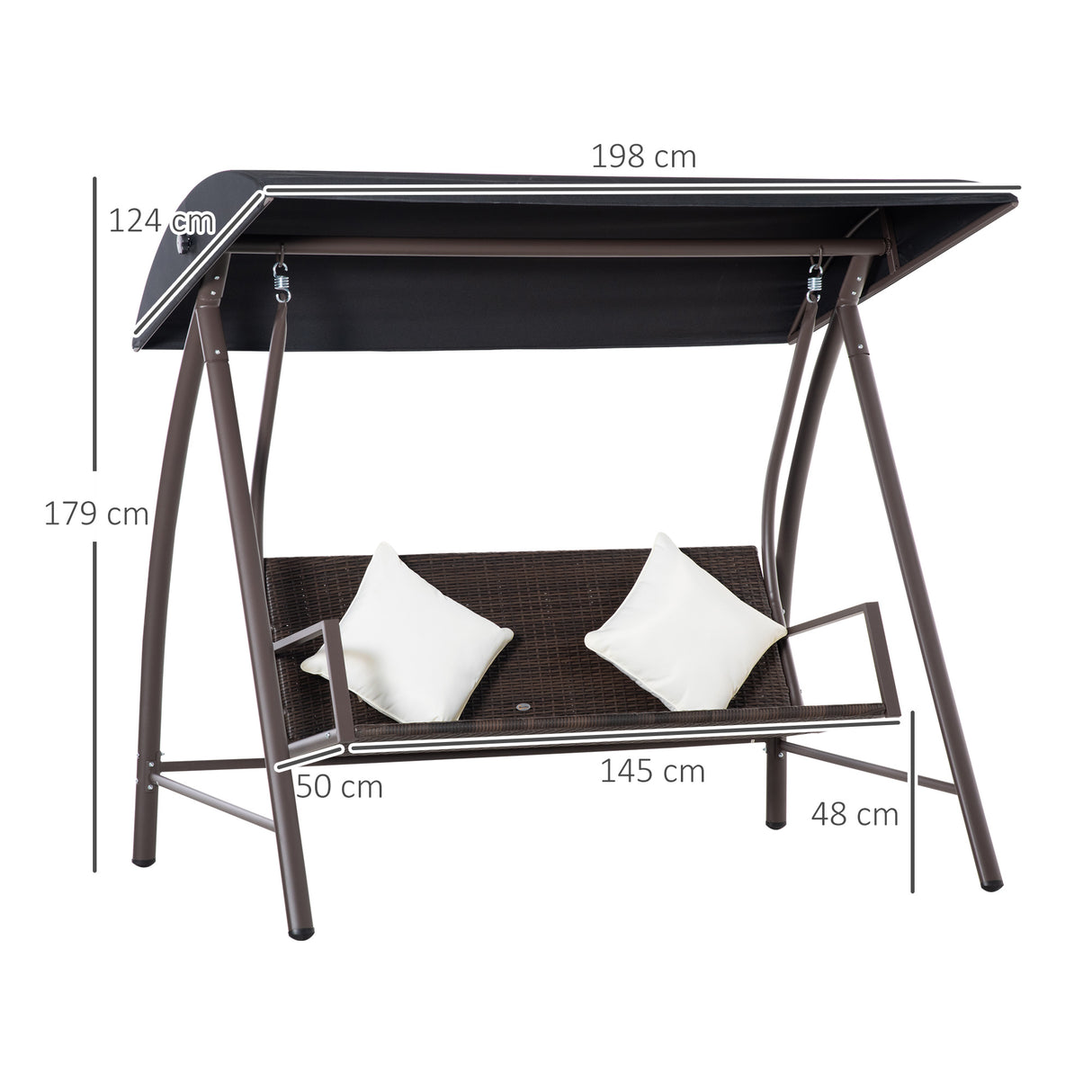 easycomfort dondolo da giardino 3 posti in rattan pe e metallo con tettuccio e cuscini sfoderabili 198x124x179cm marrone 33105