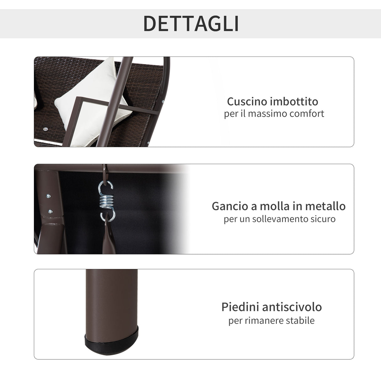 easycomfort dondolo da giardino 3 posti in rattan pe e metallo con tettuccio e cuscini sfoderabili 198x124x179cm marrone 33105