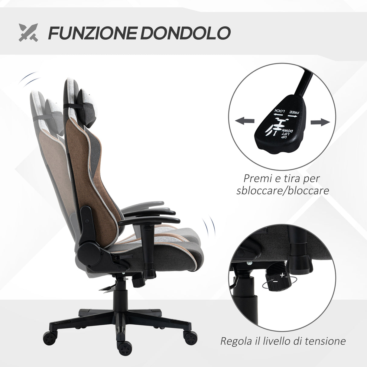 easycomfort sedia da gaming reclinabile a 150 con funzione dondolo poggiatesta e cuscino lombare grigio
