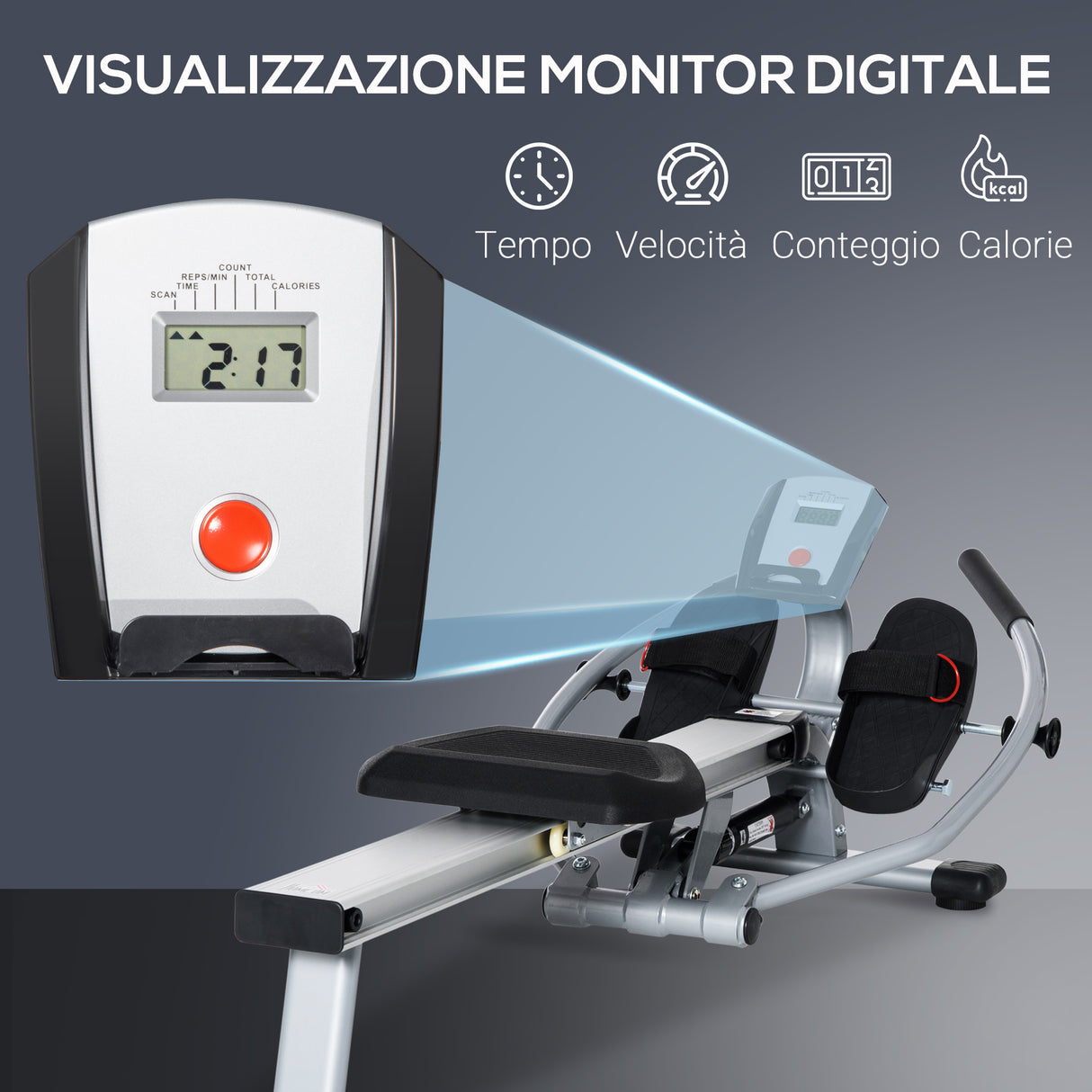 easycomfort vogatore a 12 resistenze con monitor digitale e struttura in alluminio acciaio e abs 160x61x50 cm