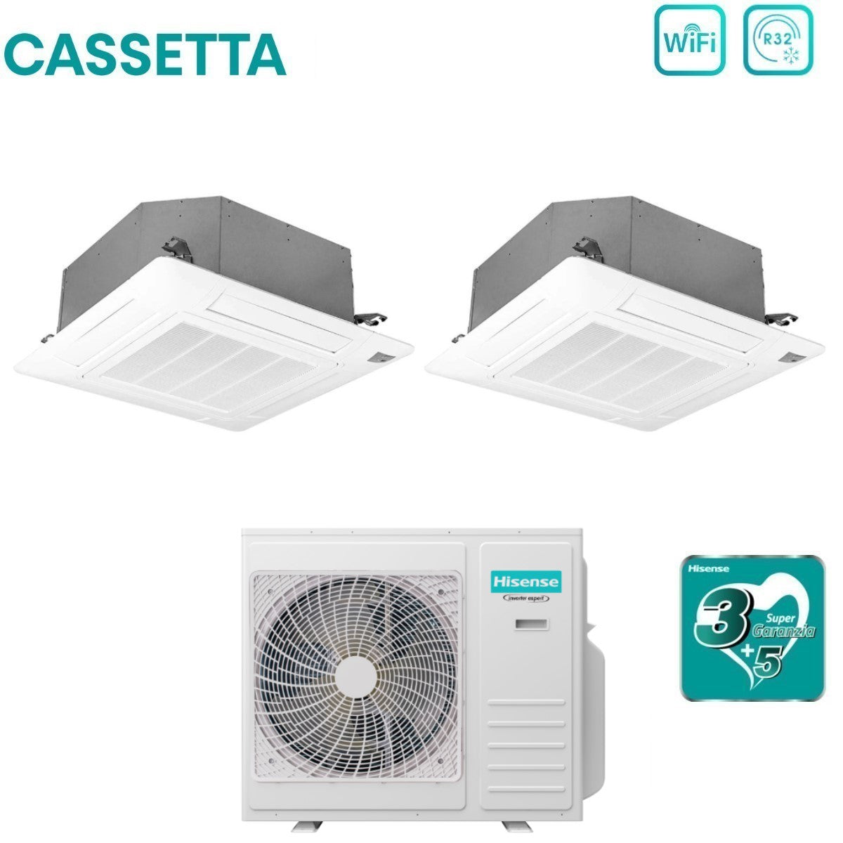 Climatizzatore Condizionatore Hisense Dual Split Inverter a Cassetta 18+18 con 4MW105U4RAA R-32 Wi-Fi Optional 18000+18000 con Telecomando e Pannello Incluso