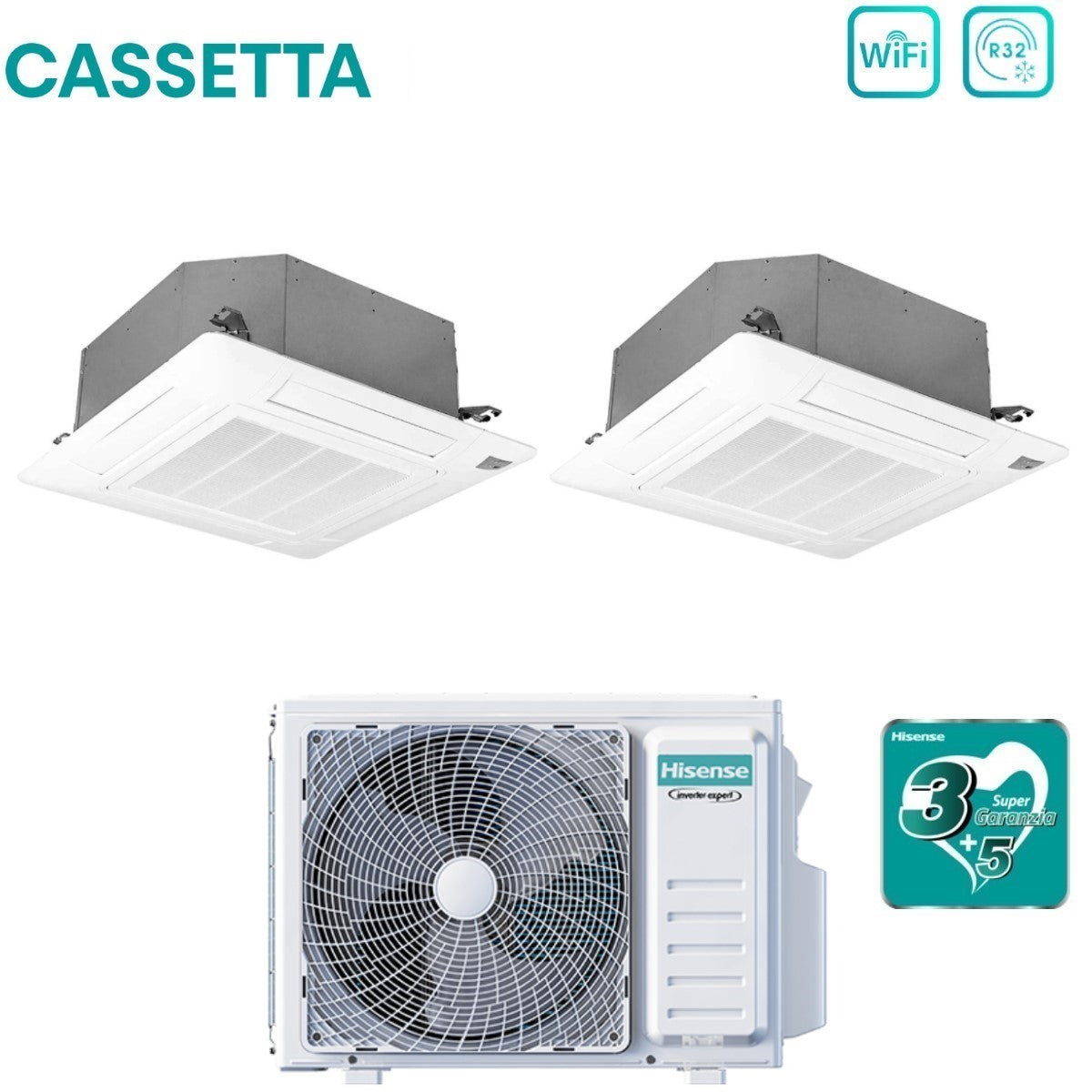 Climatizzatore Condizionatore Hisense Dual Split Inverter a Cassetta 9+12 con 2AMW42U4RGC R-32 Wi-Fi Optional 9000+12000 con Telecomando e Pannello Incluso