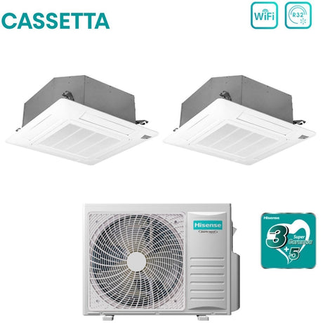 Climatizzatore Condizionatore Hisense Dual Split Inverter a Cassetta 18+18 con 3AMW72U4RJC R-32 Wi-Fi Optional 18000+18000 con Telecomando e Pannello Incluso