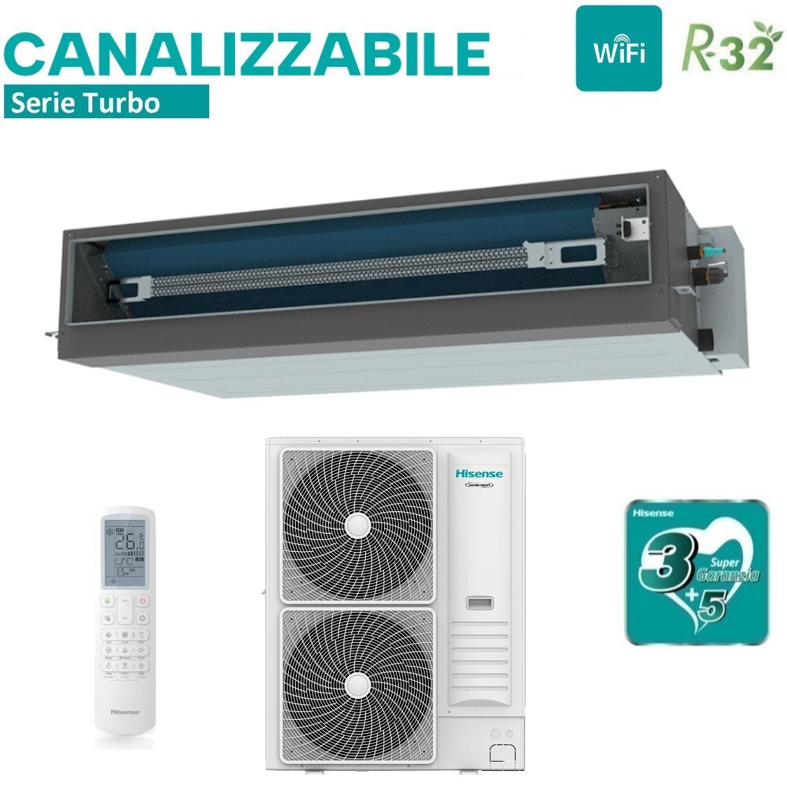 Climatizzatore Condizionatore Hisense Inverter Canalizzato Canalizzabile serie TURBO 48000 Btu AUD140UX4REH8 + AUW140U6RN8 Trifase R-32 Wi-Fi Optional con Telecomando di serie