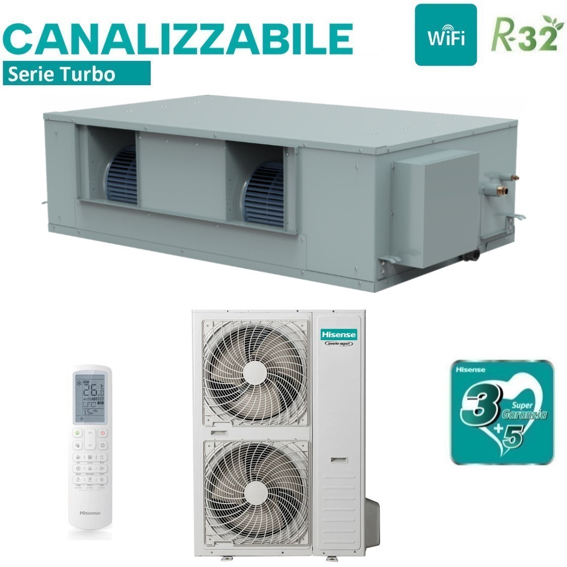 Climatizzatore Condizionatore Hisense Inverter Canalizzato Canalizzabile serie TURBO 85000 Btu AUD250UX4RPH8 + AUW250U6RZ8 Trifase R-32 Wi-Fi Optional con Telecomando di serie