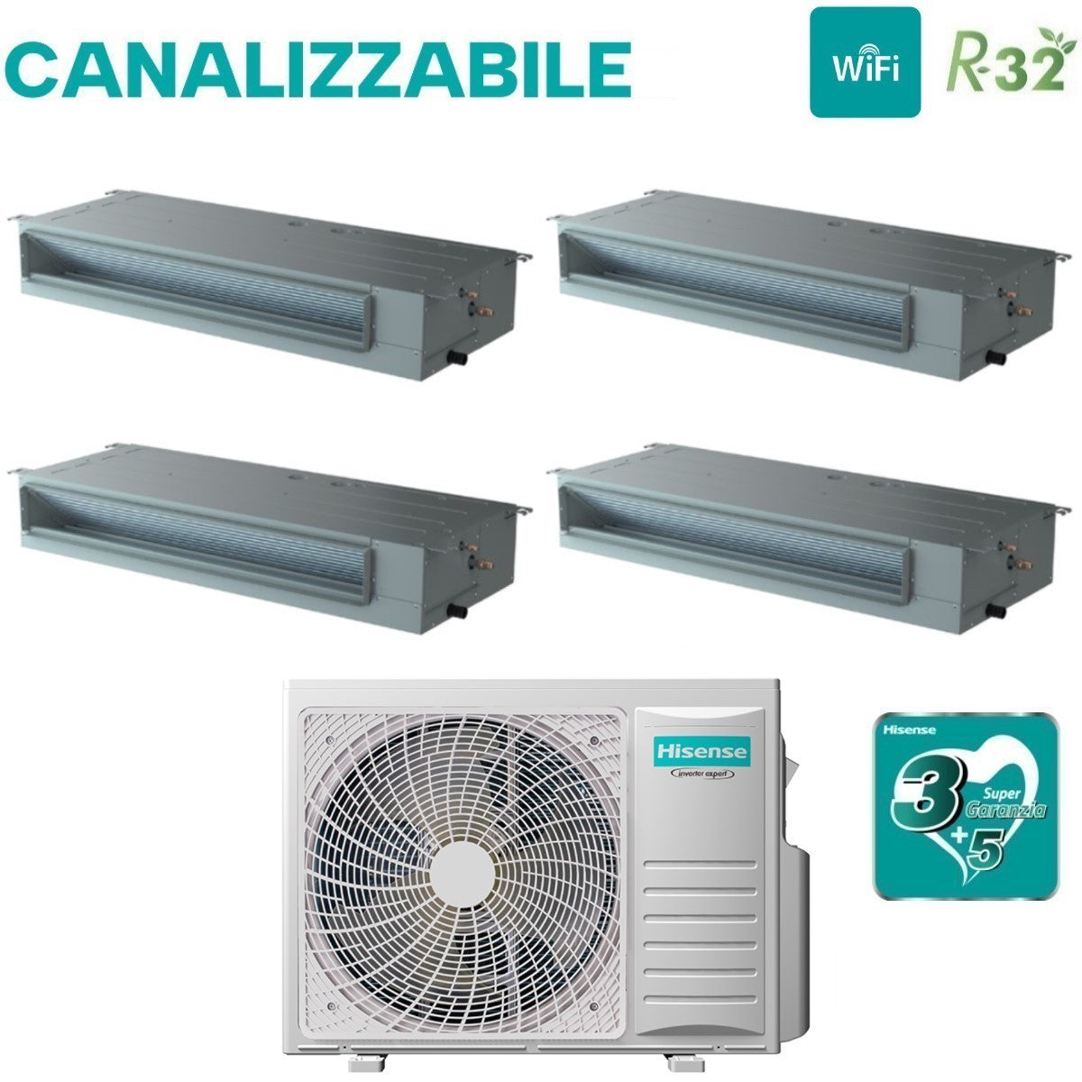 Climatizzatore Condizionatore Hisense Quadri Split Inverter Canalizzato Canalizzabile 9+9+9+12 con 4AMW105U4RAA R-32 Wi-Fi Optional 9000+9000+9000+12000 Con Telecomando di Serie