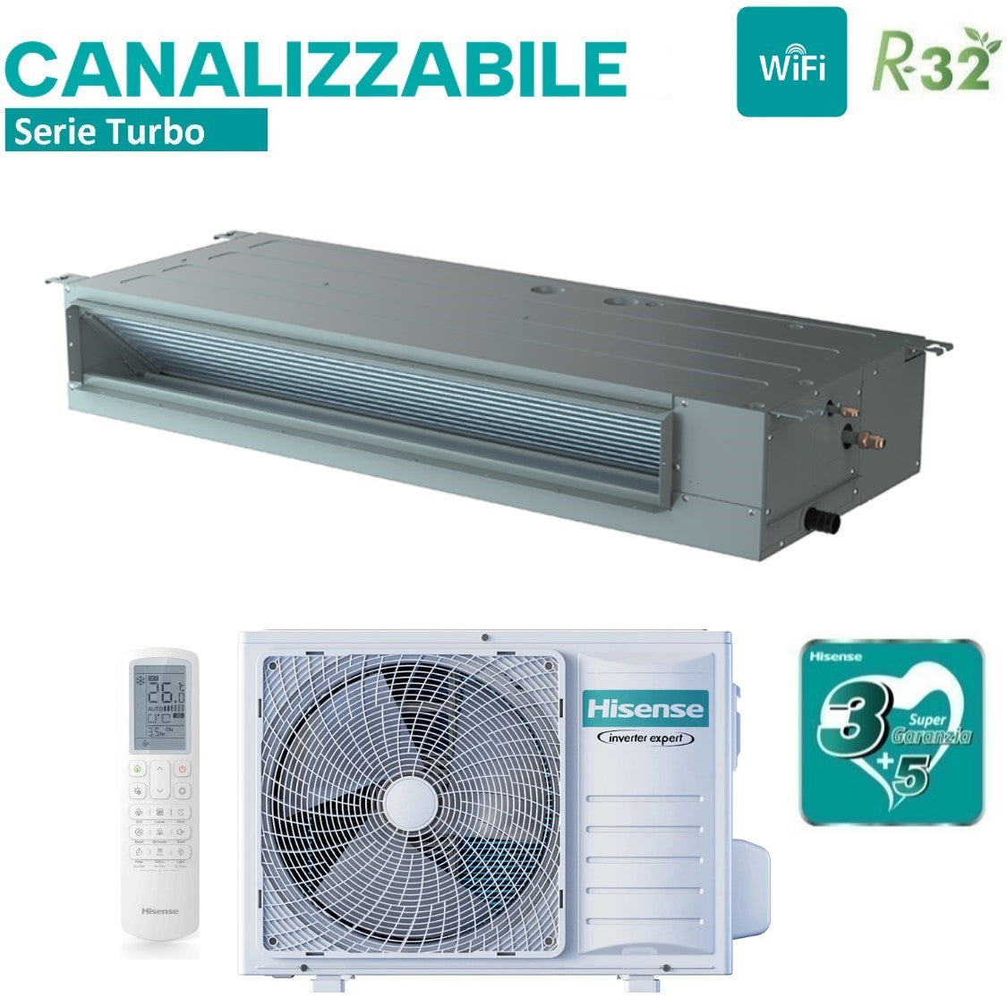 Climatizzatore Condizionatore Hisense Inverter Canalizzato Canalizzabile serie TURBO 9000 Btu ADT26UX4RBL8 + AUW26U4RS8 Monofase R-32 Wi-Fi Optional Classe A++/A+ con Telecomando di serie