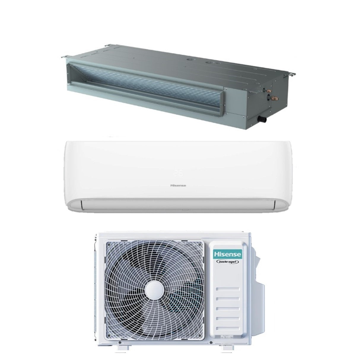 Climatizzatore Condizionatore Hisense Dual Split Inverter Hi-Comfort 12000 Btu + Canalizzato Canalizzabile 18000 Btu con 3AMW72U4RJC R-32 Wi-Fi Optional 9+18 Con Telecomando di Serie e Cablato Incluso