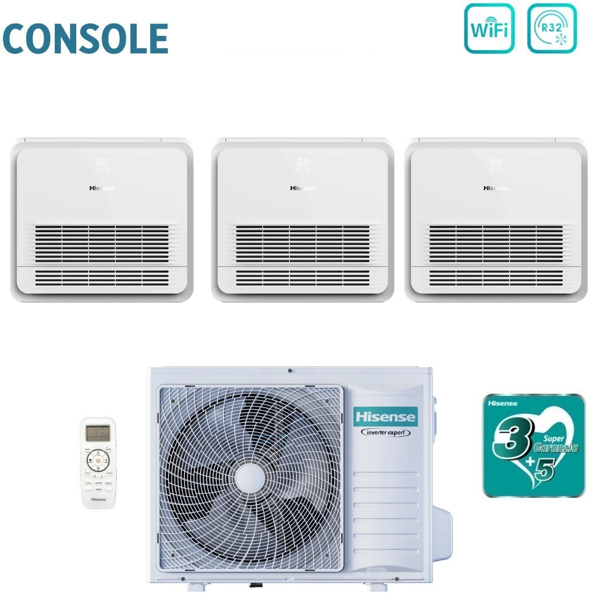 Climatizzatore Condizionatore Hisense Trial Split Console 9+9+12 con 3AMW72U4RJC R-32 Wi-Fi Optional Con Telecomando di Serie 9000+9000+12000