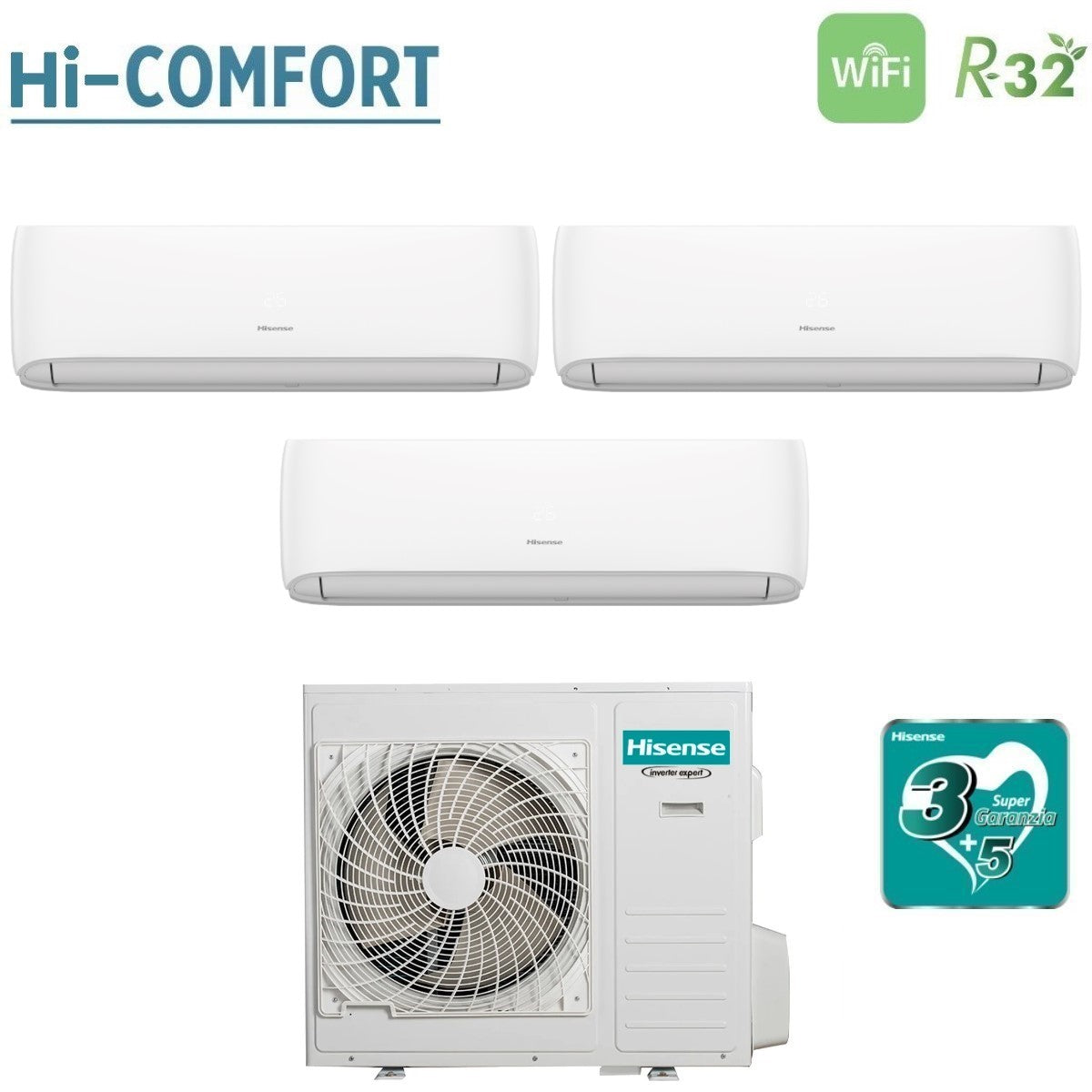 Climatizzatore Condizionatore Hisense Trial Split Inverter serie HI-COMFORT 9+9+18 con 4AMW105U4RAA R-32 Wi-Fi Integrato 9000+9000+18000