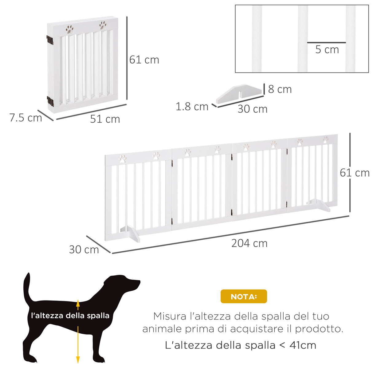 easycomfort easycomfort cancellino per cani estensibile e pieghevole a 4 sezioni cancelletto di sicurezza in legno di pino 204x30x61cm bianco