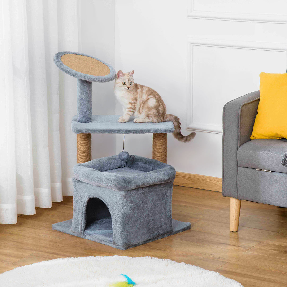 easycomfort easycomfort tiragraffi per gatti con pali in juta casetta e cuscino rivestimento peluche altezza 84cm grigio