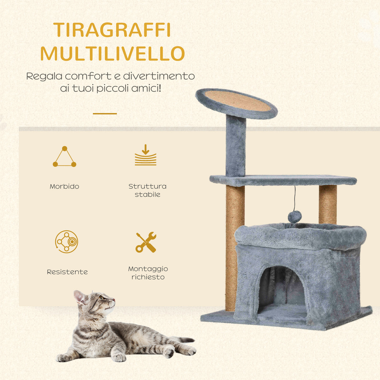 easycomfort easycomfort tiragraffi per gatti con pali in juta casetta e cuscino rivestimento peluche altezza 84cm grigio