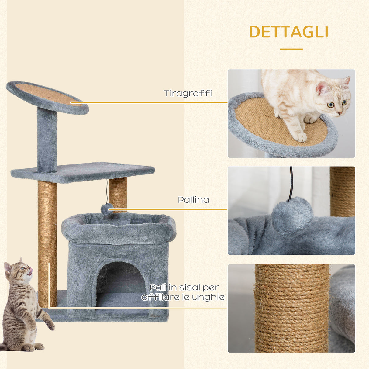 easycomfort easycomfort tiragraffi per gatti con pali in juta casetta e cuscino rivestimento peluche altezza 84cm grigio