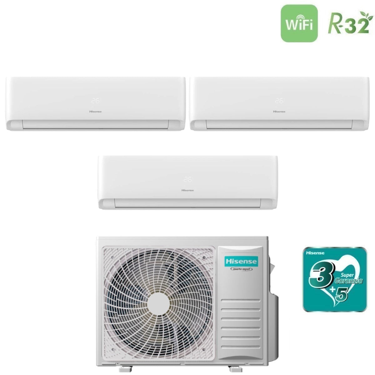 Climatizzatore Condizionatore Hisense Trial Split Inverter serie ECOSENSE 9+9+9 con 3AMW52U4RJA R-32 Wi-Fi Integrato 9000+9000+9000