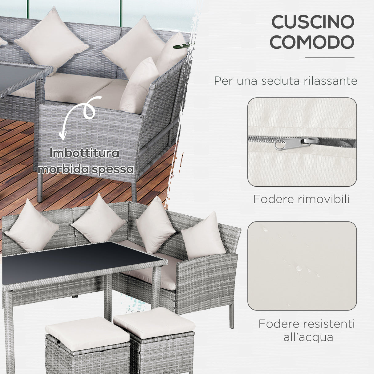 Easycomfort Set 5 Pezzi Salotto da Esterno con 2 Divani 1 Tavolino 2 Sgabelli, Mobili da Giardino in Rattan Grigio