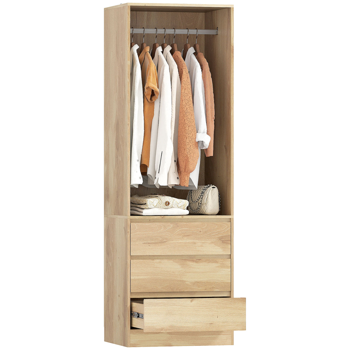 easycomfort easycomfort armadio guardaroba con asta appendiabiti ripiano aperto e 3 cassetti in legno 60x48 5x185 cm color teak