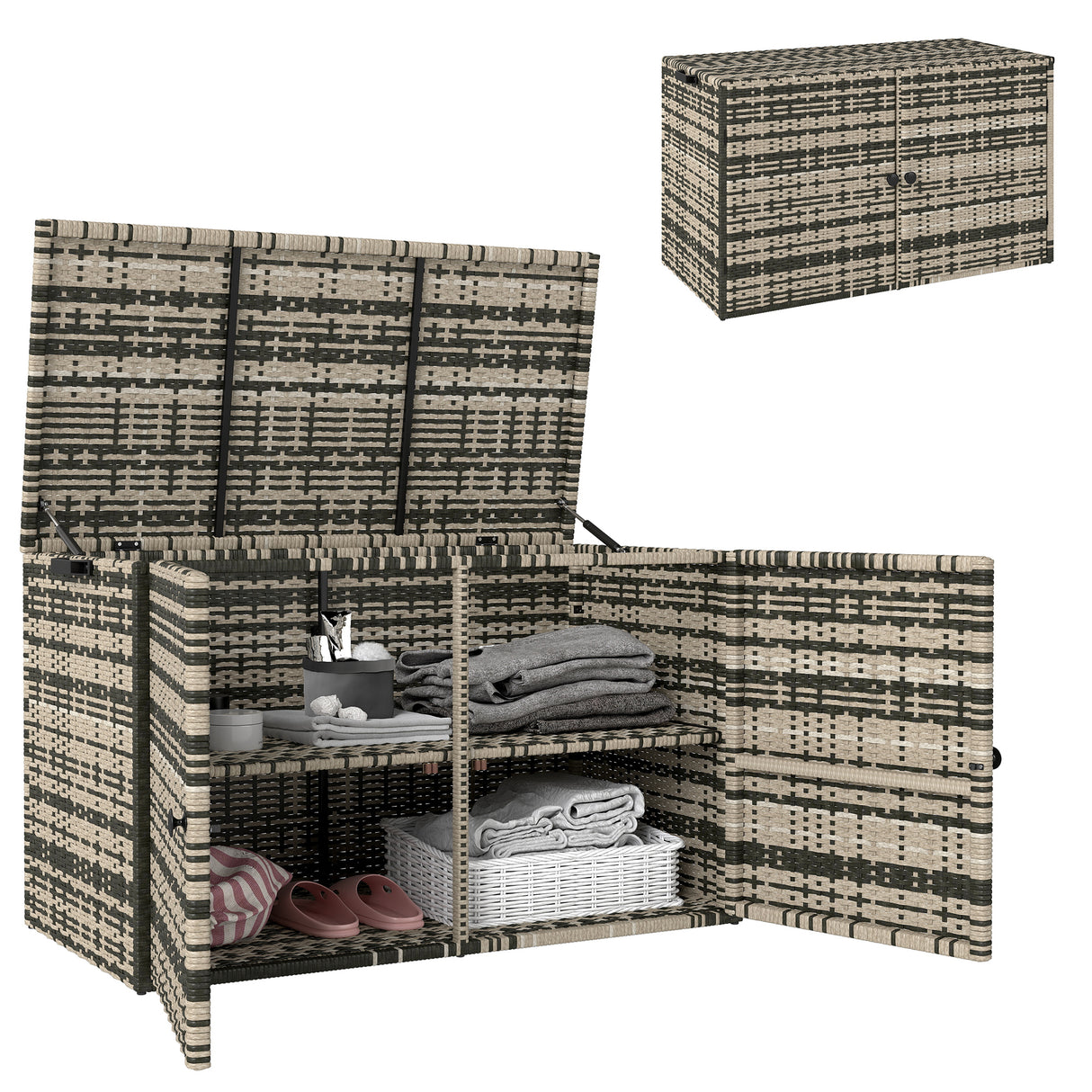 easycomfort easycomfort baule da esterno da 350l a 2 livelli con pistoni a gas rattan pe e acciaio 118x57x69 cm grigio