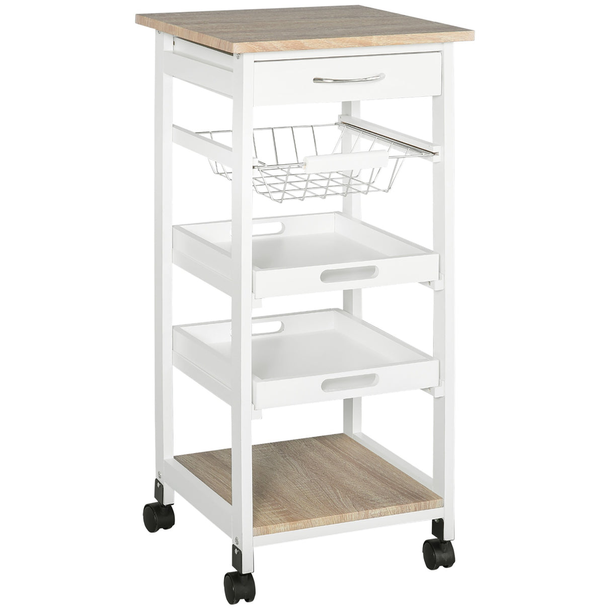 easycomfort easycomfort carrello da cucina salvaspazio in legno di pino e mdf carrello portaoggetti con cassetto cestello 2 vassoi e 4 ruote universale 37x37x82cm bianco ean 8054111844161