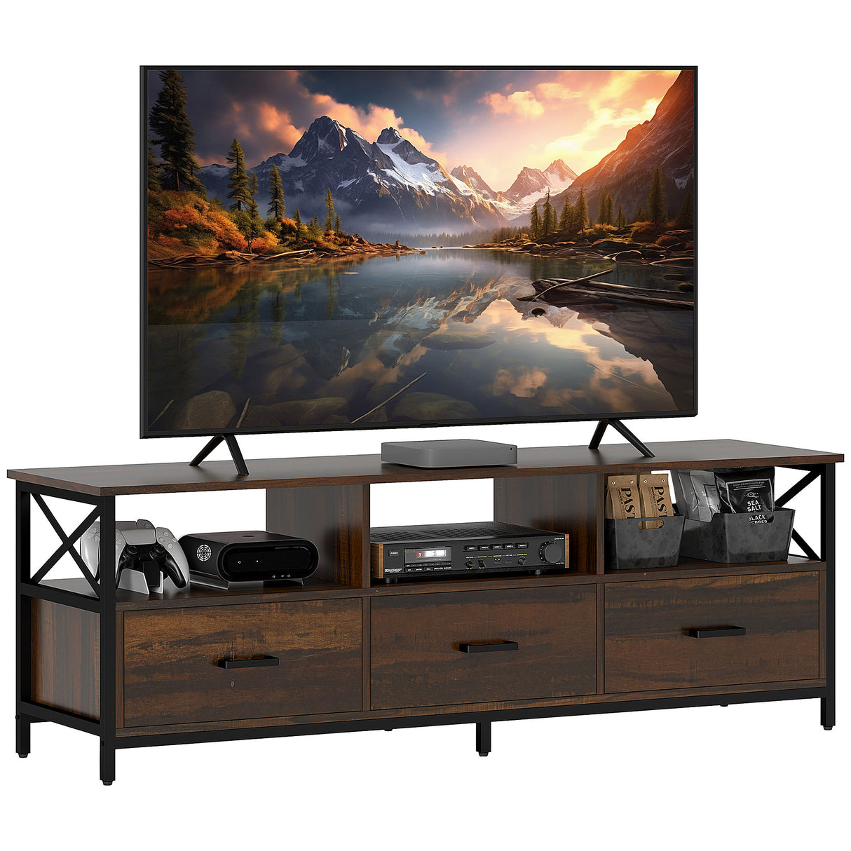 easycomfort easycomfort mobile tv industriale con 3 cassetti e 3 ripiani aperti in legno e acciaio 147x40x50 cm nero e marrone