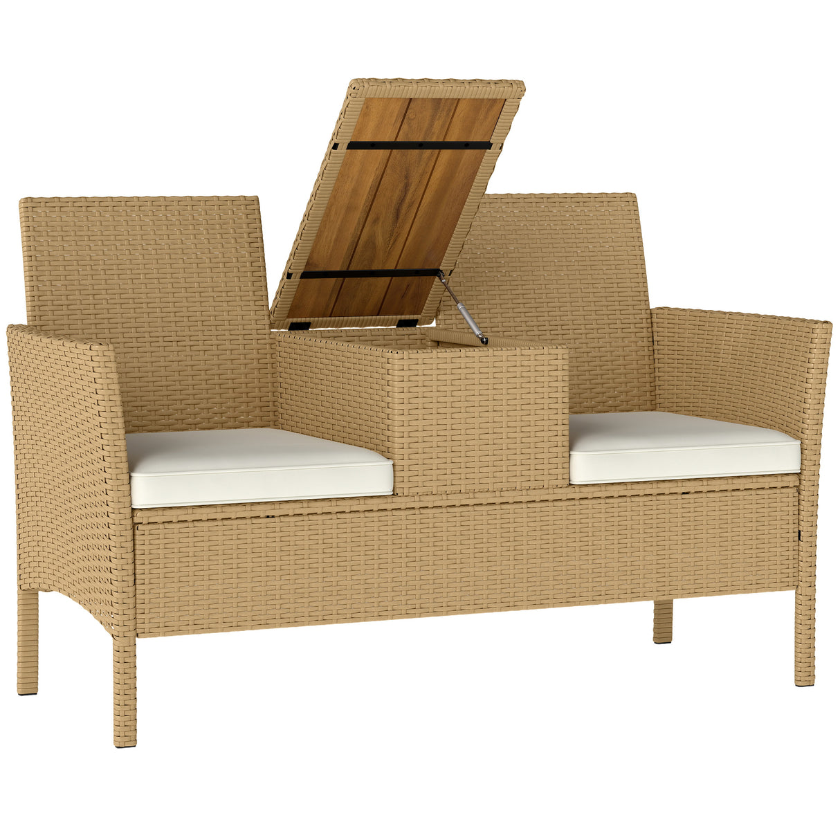 easycomfort easycomfort panca da giardino con tavolino a ribalta portaoggetti in rattan e acciaio 134x58x82 cm crema e cachi