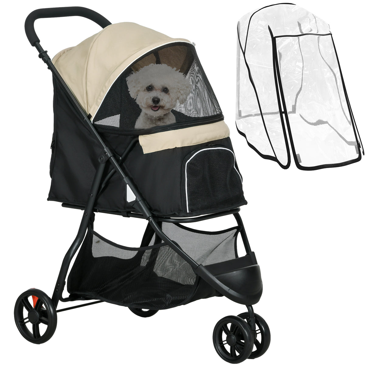 easycomfort easycomfort passeggino per cani piccoli pieghevole a 3 ruote con copertura antipioggia e cestino cachi