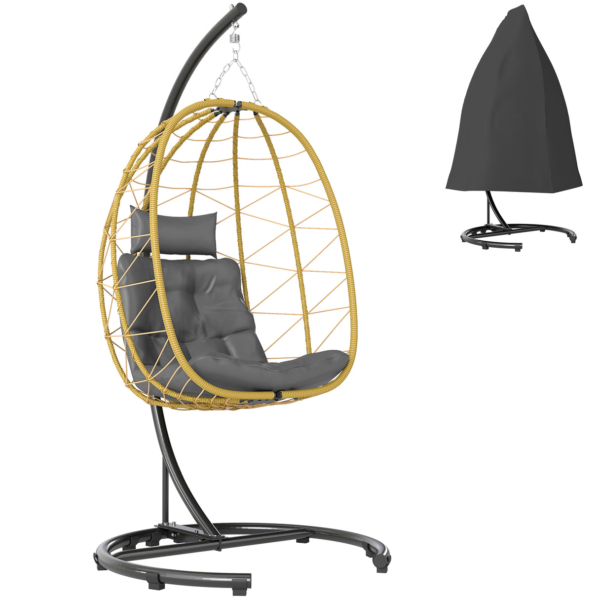 easycomfort easycomfort poltrona sospesa e pieghevole con cuscini in acciaio e rattan pe 102x102x195 cm nera grigia e beige