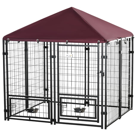 immagine-1-easycomfort-easycomfort-recinto-per-cani-da-esterno-con-serratura-2-ciotole-girevoli-e-copertura-rimovibile-nero-e-rosso