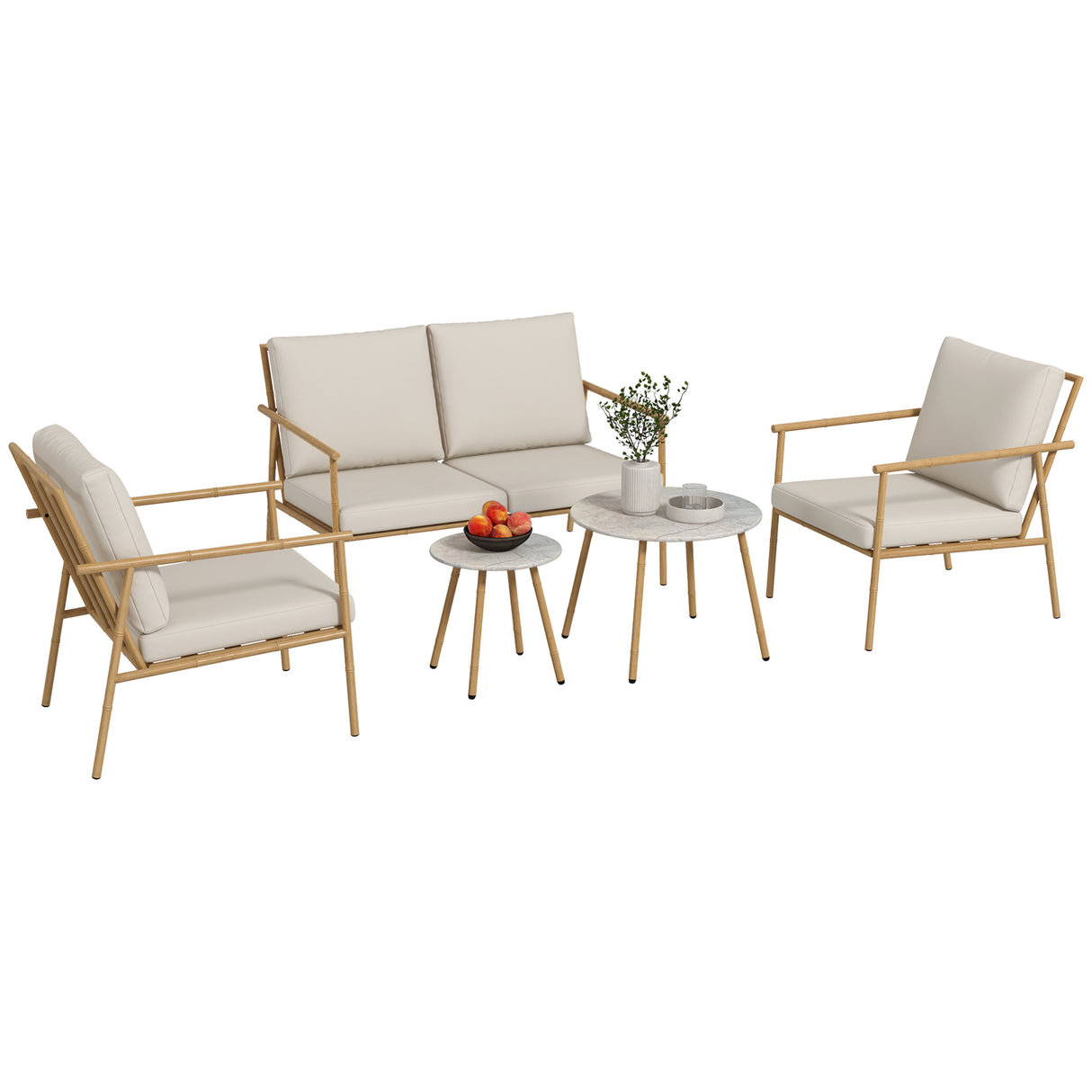 easycomfort easycomfort salotto da giardino con divano 2 poltroncine e 2 tavolini effetto bambu con cuscini marrone
