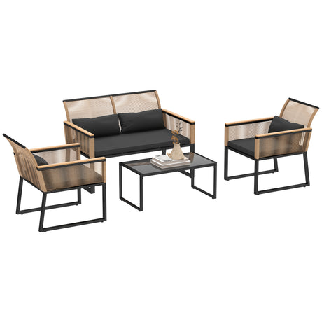 easycomfort easycomfort salotto da giardino in rattan pe con divano 2 posti 2 poltrone tavolino in vetro e cuscini nero