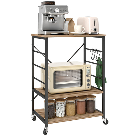 easycomfort easycomfort scaffale da cucina a 3 livelli stile industriale con ruote e 4 ganci struttura in acciaio 60x40x84 cm teak