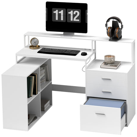 easycomfort easycomfort scrivania ufficio con 2 tavoli 4 ripiani 3 cassetti e supporto per monitor in legno 138 5x90x92 cm bianco