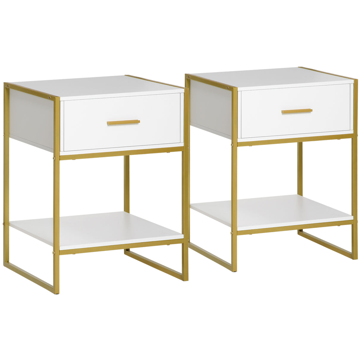 easycomfort easycomfort set 2 comodini moderni con cassetto e ripiano aperto in mdf e acciaio 45x40x60cm bianco e oro