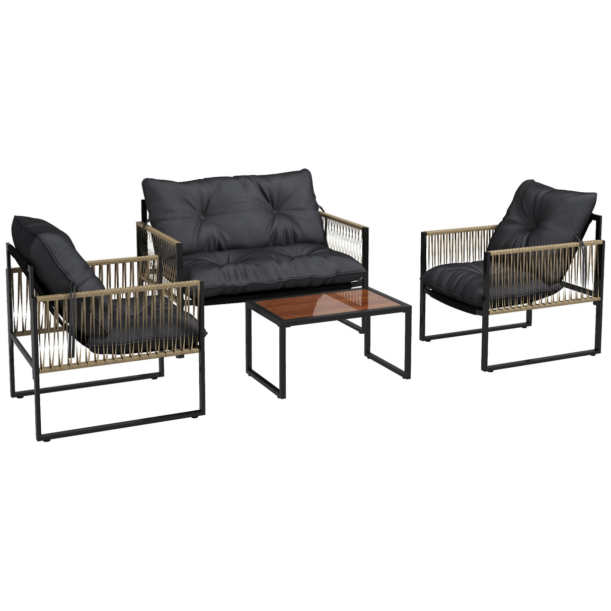 easycomfort easycomfort set da giardino 4 pezzi in rattan con divanetto 2 sedie e tavolino da caffe grigio e marrone