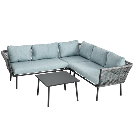 easycomfort easycomfort set da giardino 4 pezzi in rattan con tavolino da caffe 2 divani ad angolo e poltroncina nero grigio e blu