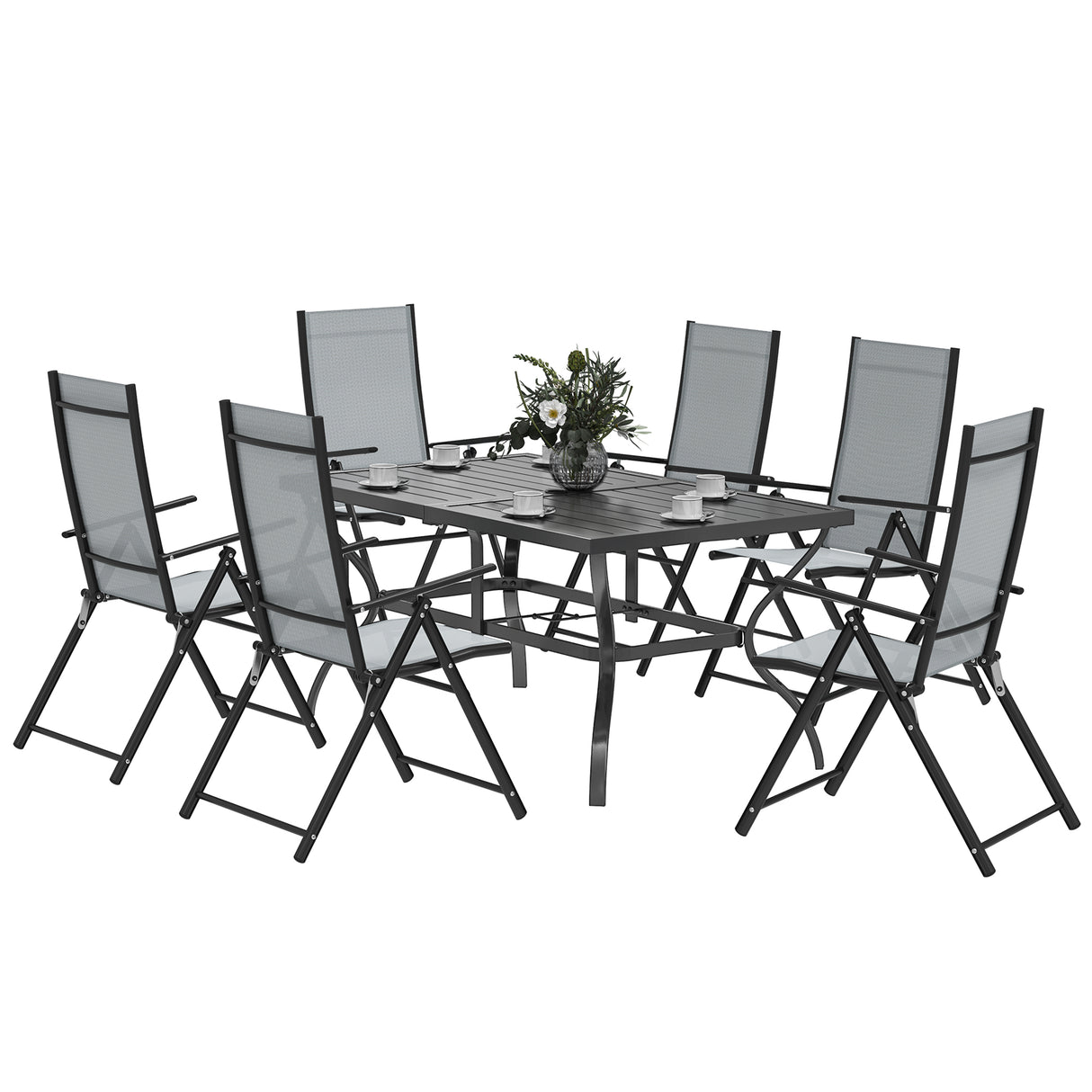 easycomfort easycomfort set da giardino 7 pezzi con tavolo da pranzo con foro per ombrellone e 6 sedie pieghevoli grigio