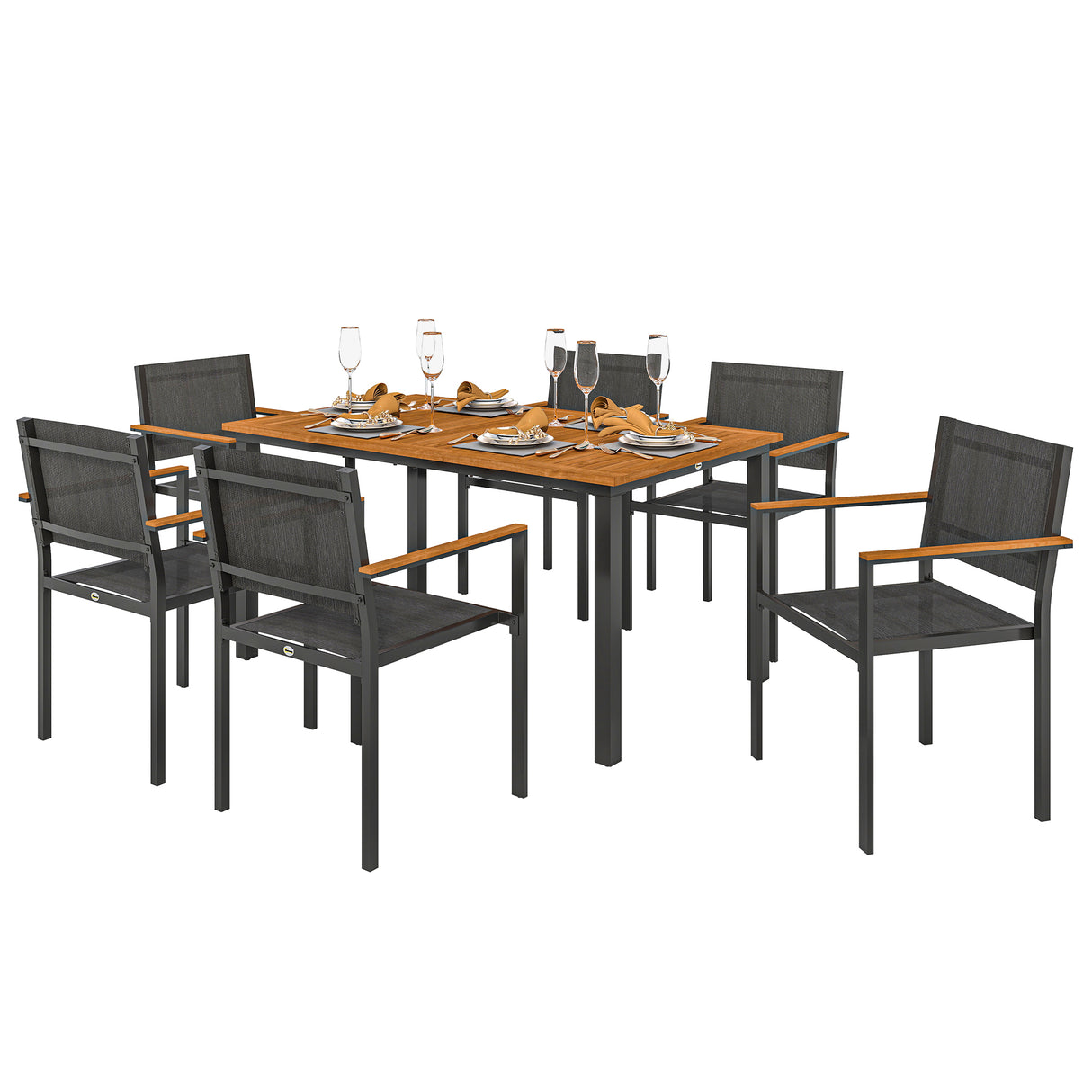 easycomfort easycomfort set da giardino 7 pezzi con tavolo da pranzo e 6 sedie impilabili con braccioli teak