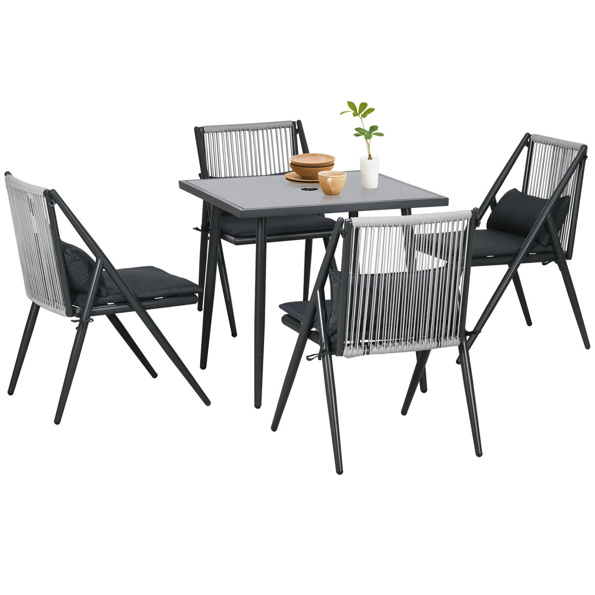 easycomfort easycomfort set da giardino con 4 sedie con cuscini e tavolo da pranzo quadrato in vetro grigio scuro