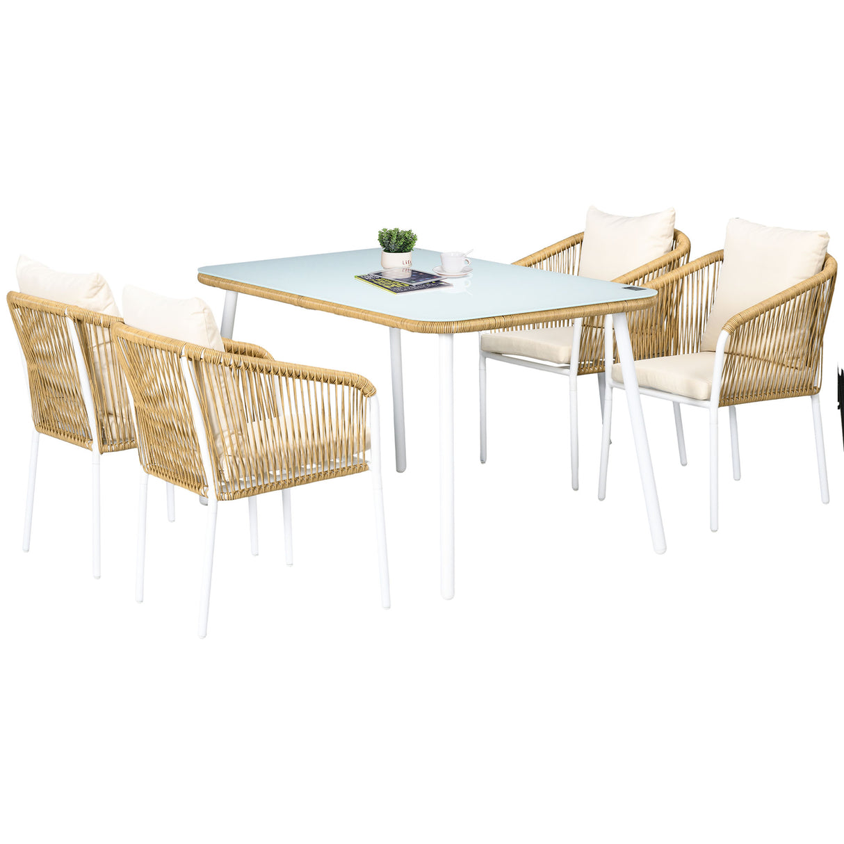easycomfort easycomfort set da giardino in rattan pe e alluminio con tavolo in vetro e 4 sedie impilabili giallo