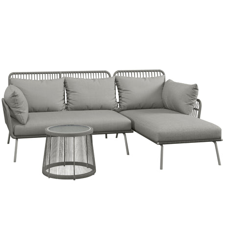 easycomfort easycomfort set da giardino in rattan pe stile boho divano 2 posti con chaise longue e tavolino grigio chiaro