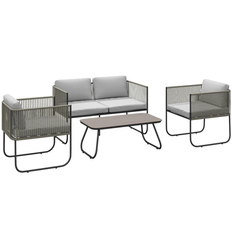 easycomfort easycomfort set da giardino rattan con divanetto 2 posti 2 poltrone e tavolino in vetro cuscini sfoderabili grigio
